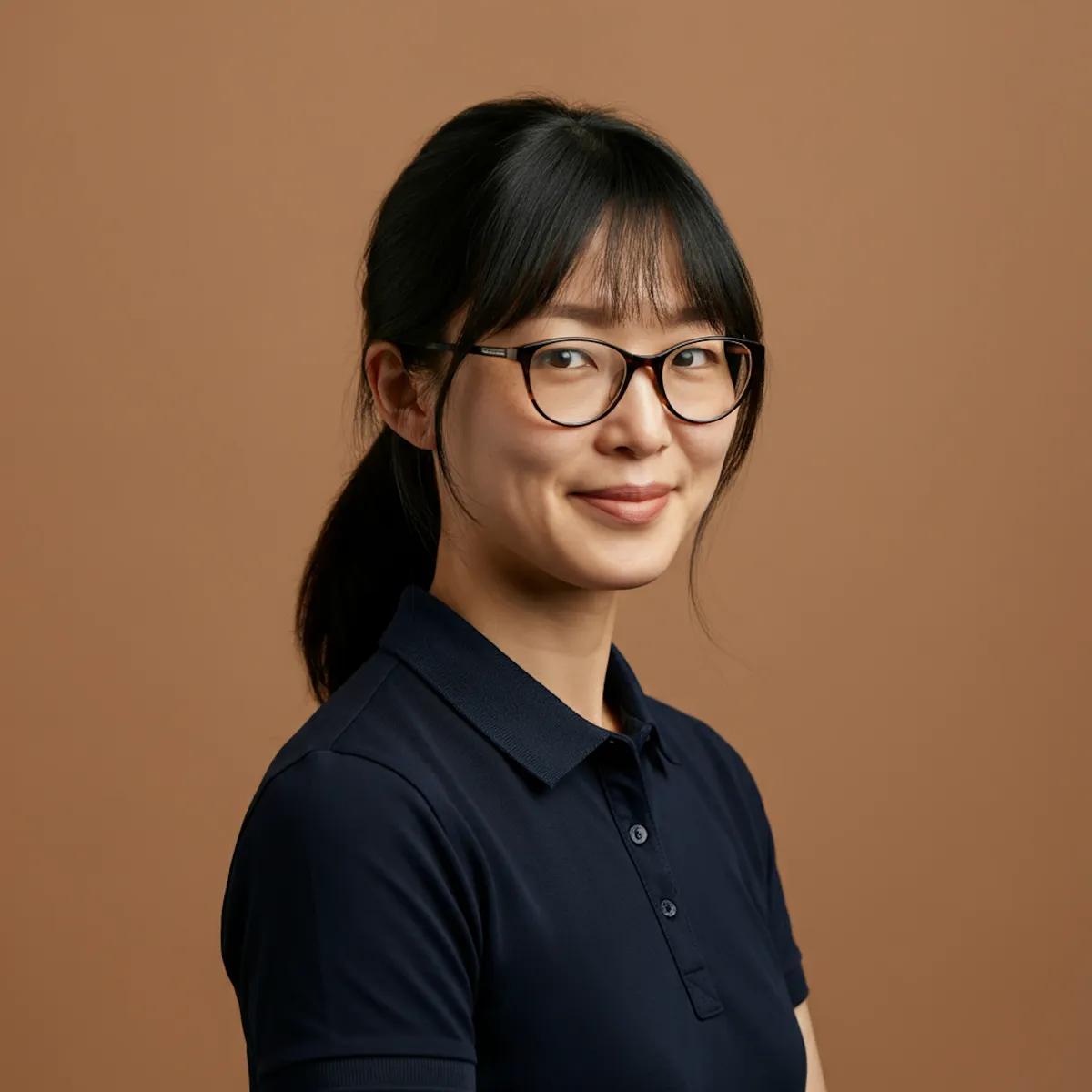 Portrait of a woman with short dark hair wearing glasses and a navy shirt.